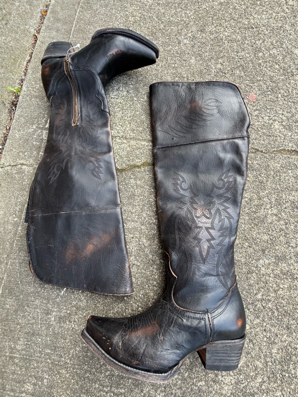 freebird Black Leather Embroidered Knee-High Heeled Boots